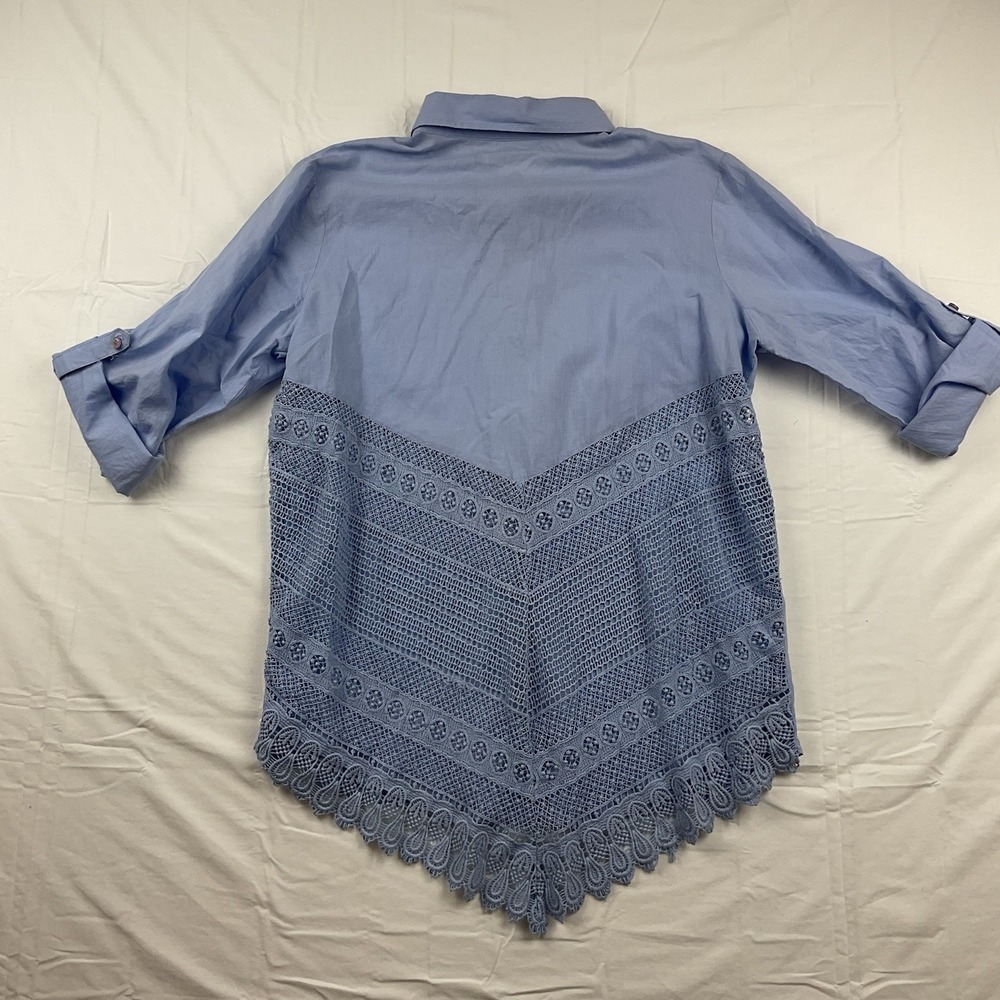 Collections Etc Women's Blue Button Down Blouse Size L Lace Hem Tunic Shirt Boho